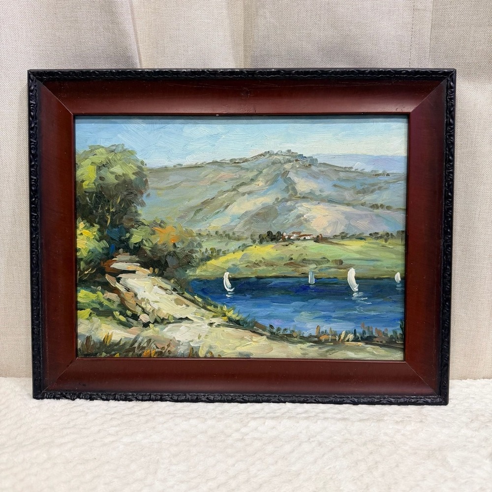 Impressionist Style Framed Oil Landscape Painting with Sailboats